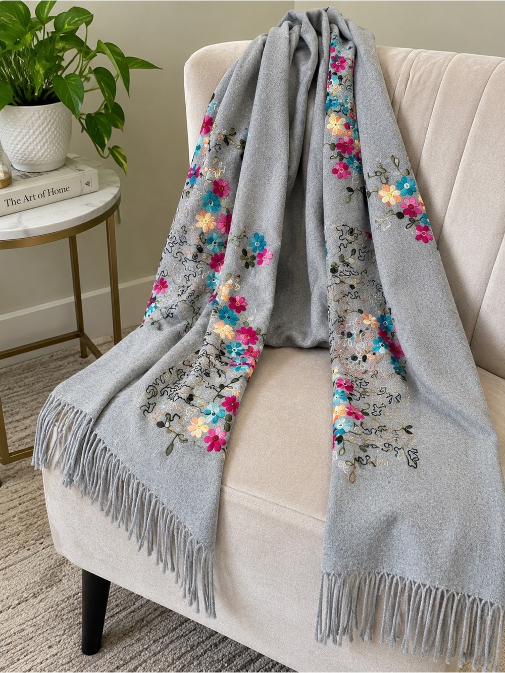 Luxury Gray Wool Viscose Scarf Embroidered Floral Fringe Pashmina Shawl
